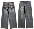Men's gray American retro washed-out wide-leg denim jeans with mid waist and straight leg cut