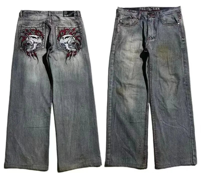 Men's gray American retro washed-out wide-leg denim jeans with mid waist and straight leg cut
