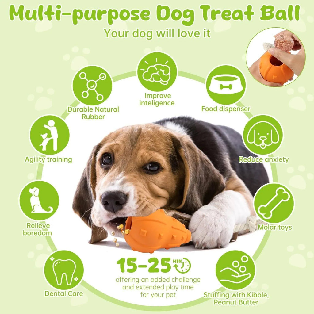 Natural rubber stuffable dog toy with longer strap for interactive fetch and treat dispensing