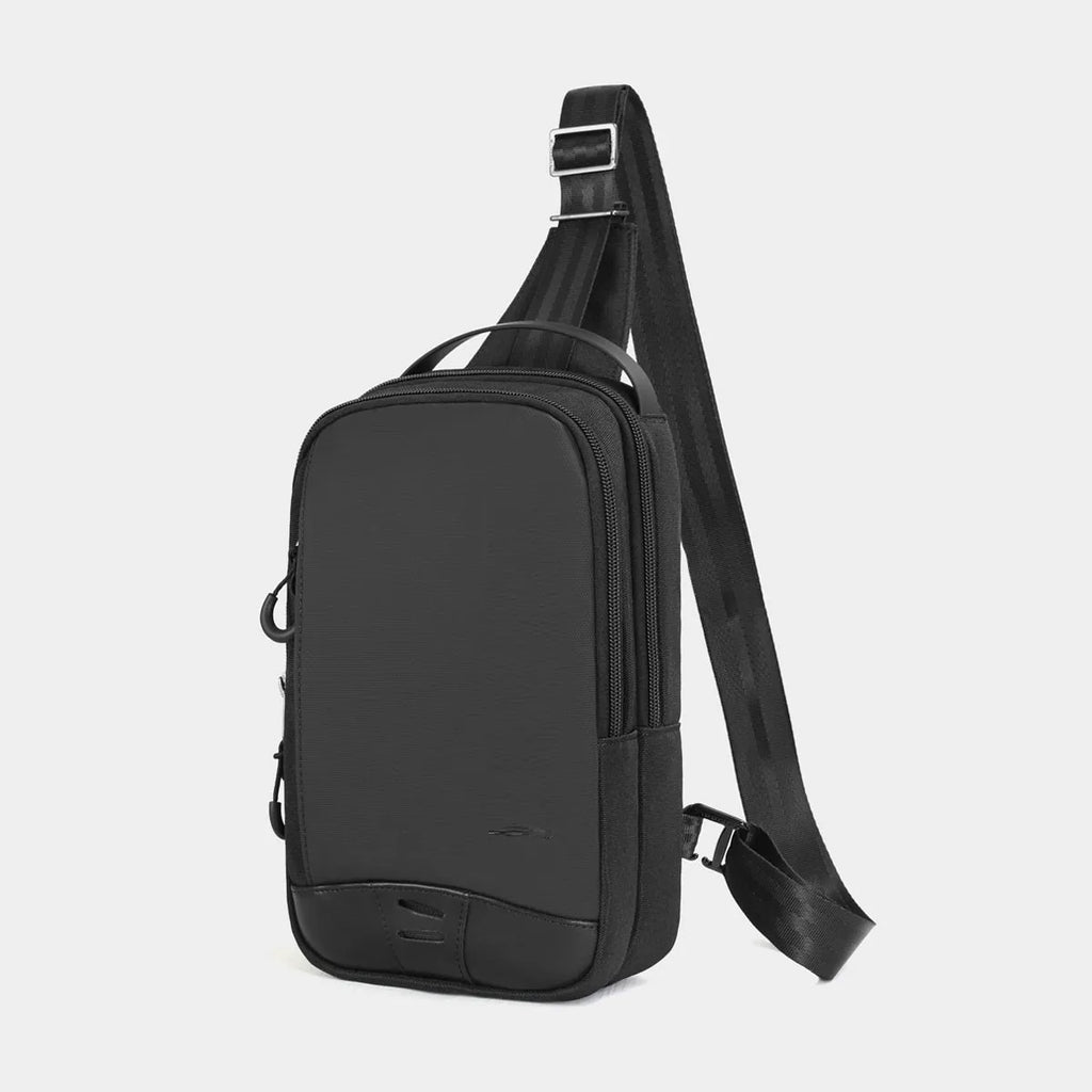 Casual black TPU chest bag with camouflage pattern, single shoulder strap, and soft handle showing square vertical shape