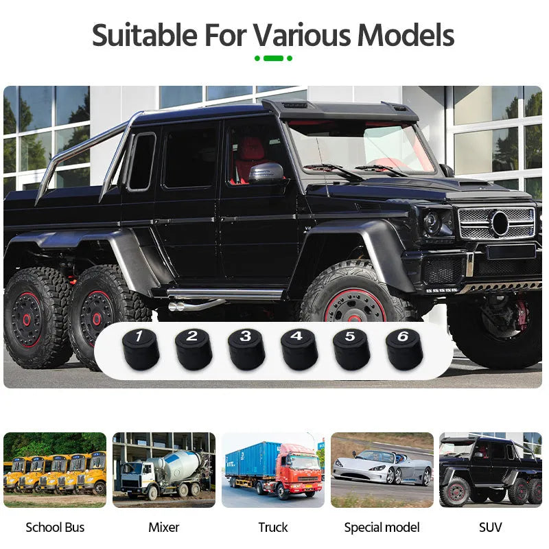 Solar-powered external tyre pressure monitor with colour display and six sensors for RVs and trucks