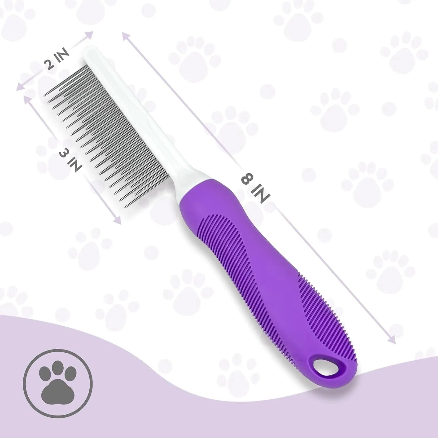 Purple pet grooming comb with stainless steel long and short teeth for detangling dog and cat fur