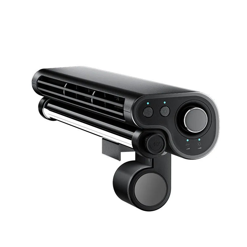 Black USB bladeless fan clipped to laptop screen with integrated lighting lamp and three-speed button control