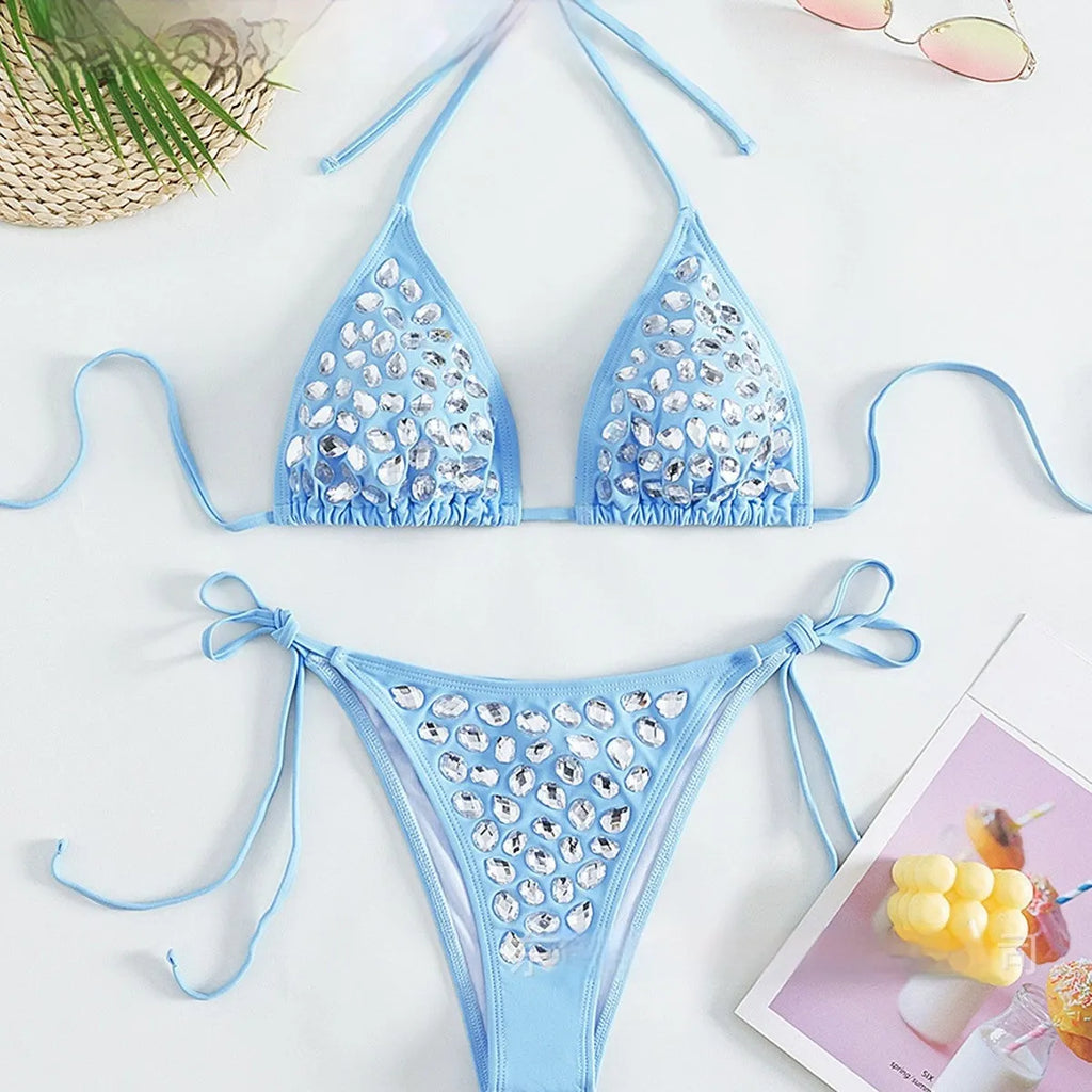 Women's sky blue split bikini swimsuit with Great Diamond pattern, backless, high-elasticity nylon, sizes S M L