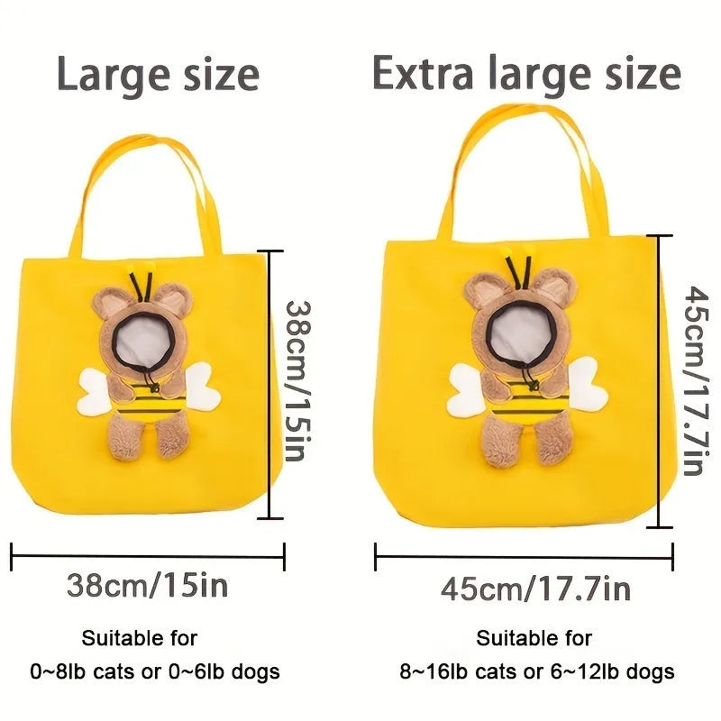 Canvas pet shoulder carrier bag with safety zippers and side opening in blue, grey, or yellow with animal patterns