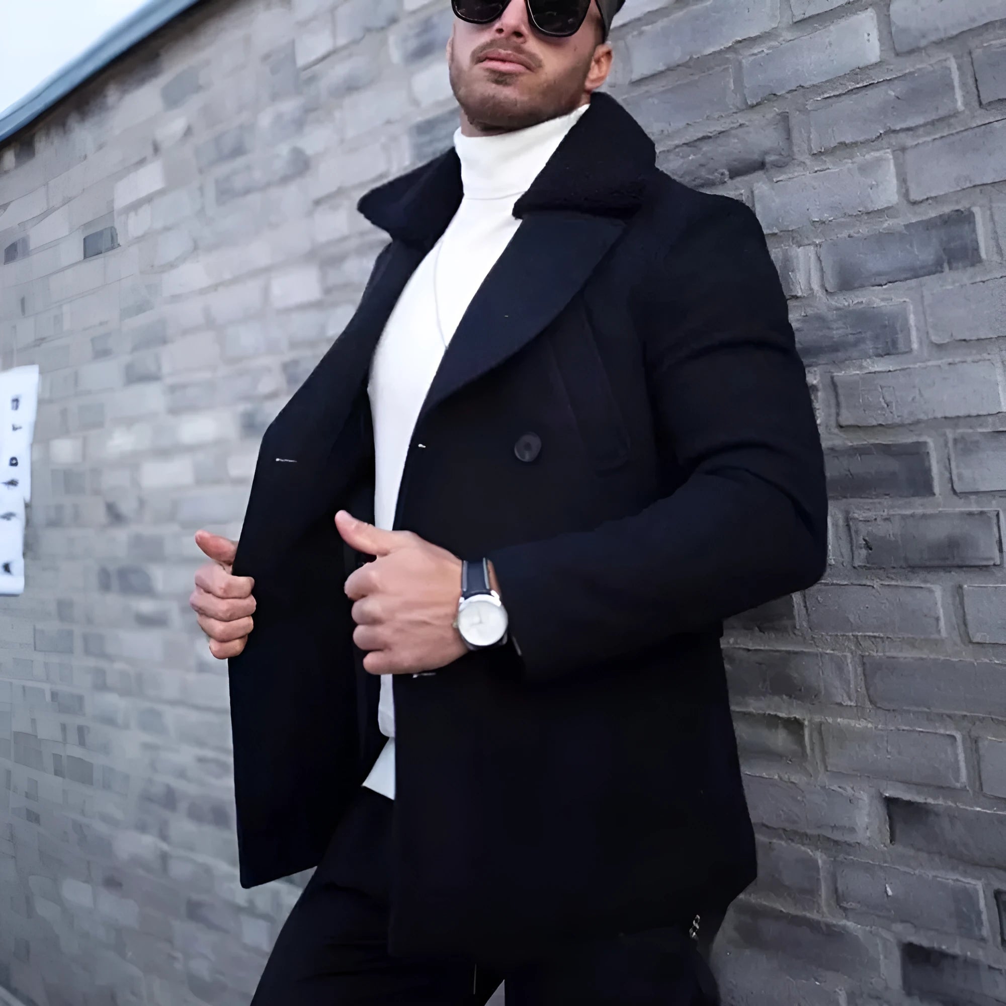 Men's fur collar coat in woolen blend, British style, available in Black and Army Green