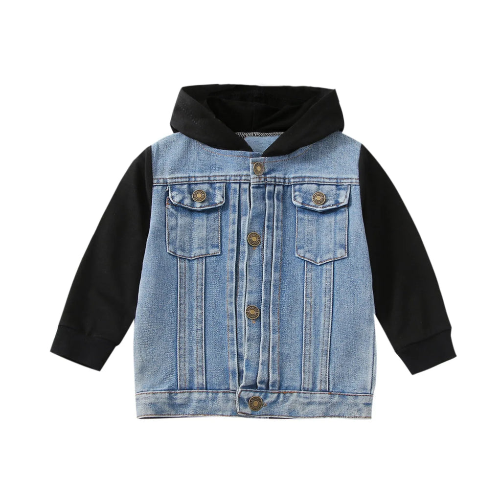 Boys cotton hooded denim coat with cartoon print in blue colour, long sleeves, single-breasted front