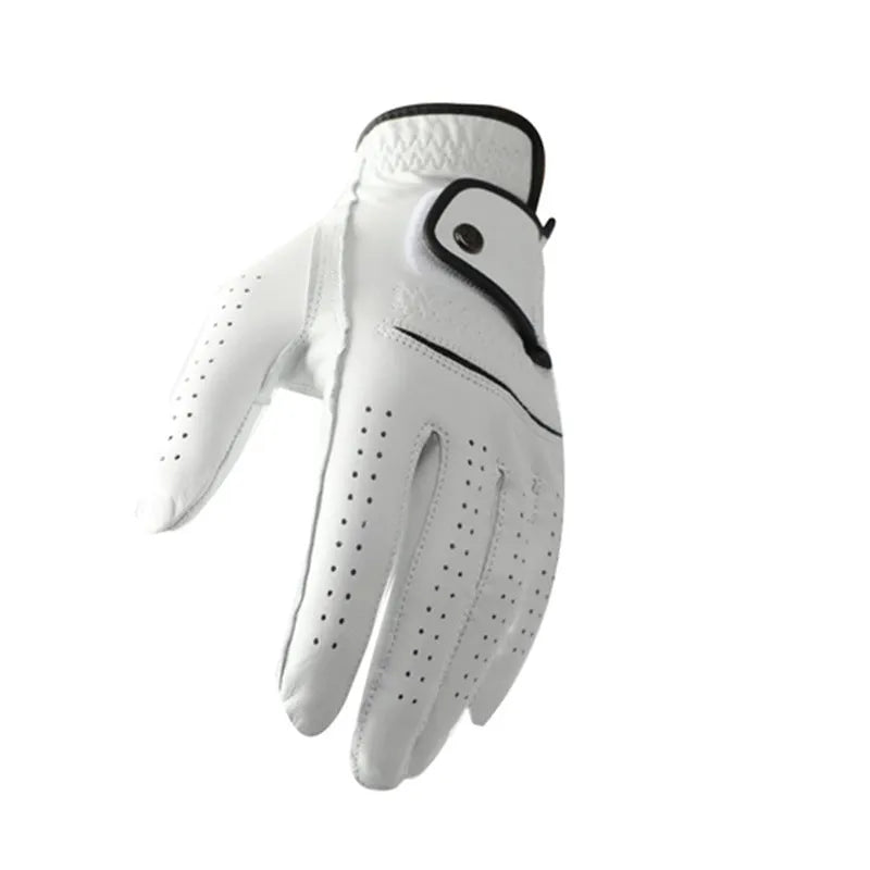 Men's white half sheepskin golf glove showing non-slip palm and breathable construction
