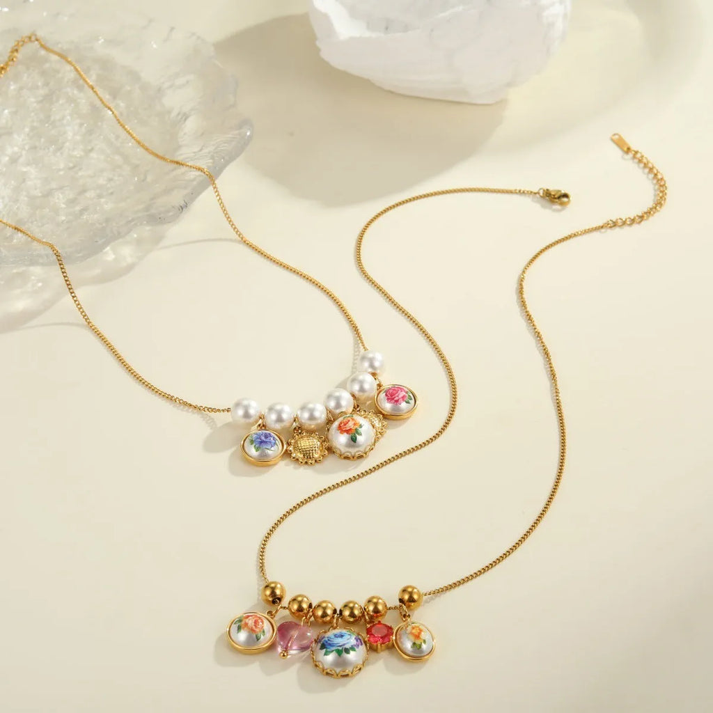 Vintage sunflower stainless steel necklace with 18K gold electroplated finish on display