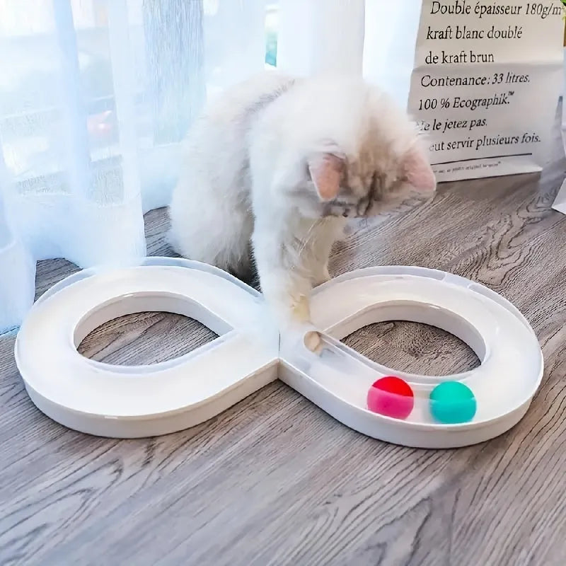 Blue and white cat turntable track toy with self-hi motion system and teasing wand