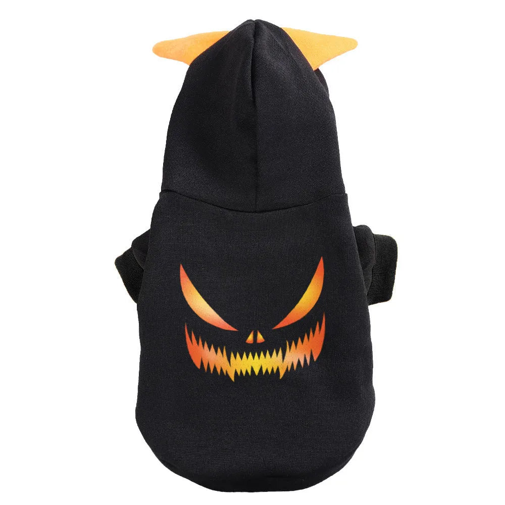 Black flannel Halloween pumpkin dog sweater with yellow jack-o-lantern face on pet