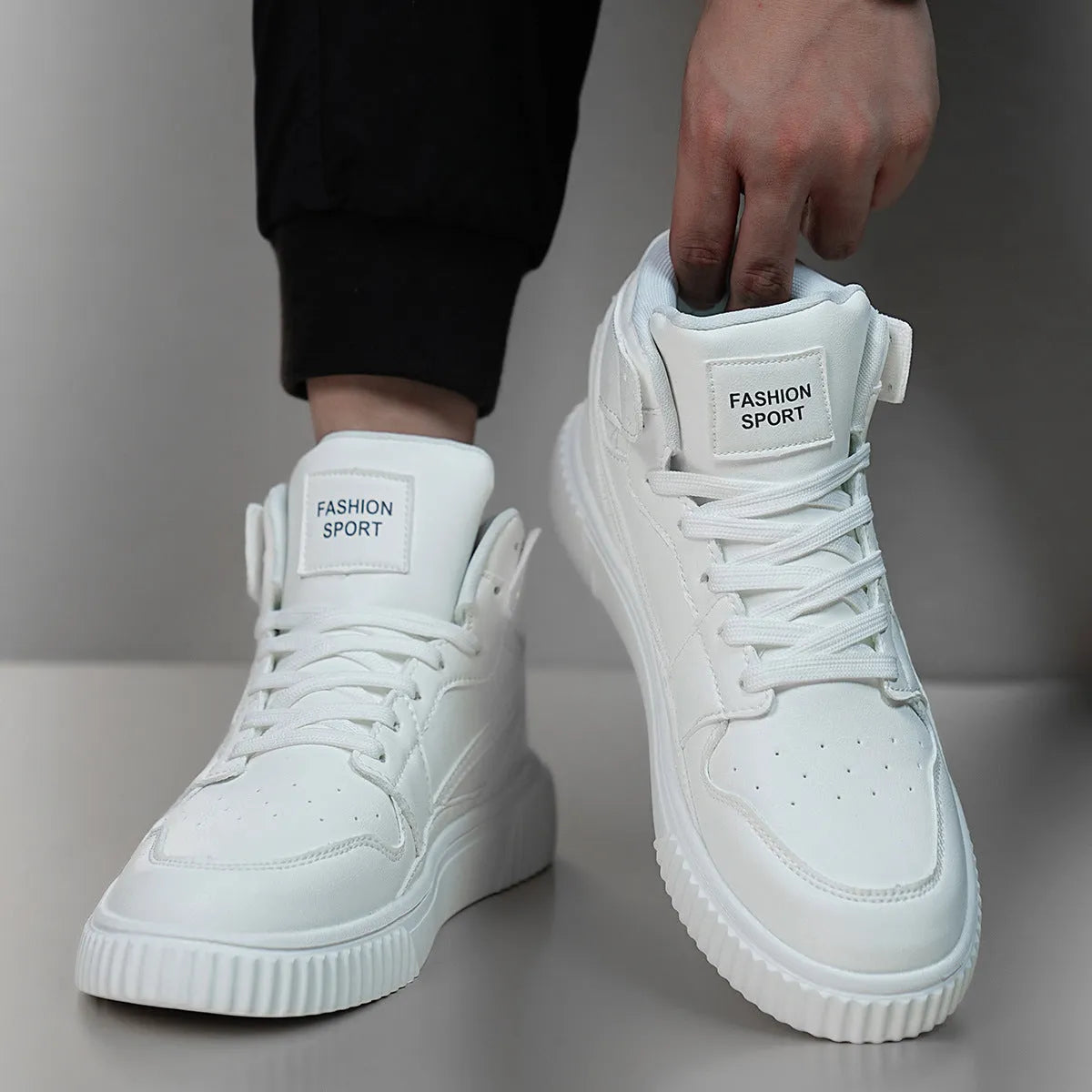 White men's round-toe casual shoes made from microfiber, shown from the side.