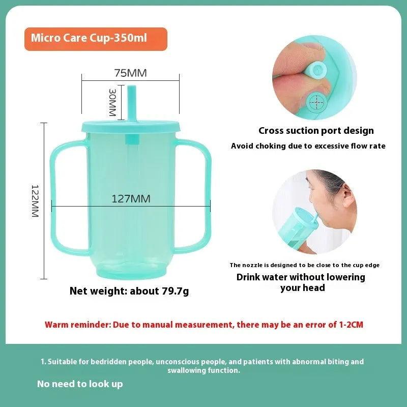 Oblique mouth choke-proof drinking cup for elderly and pregnant users in bed, with optional wrist splint handle.