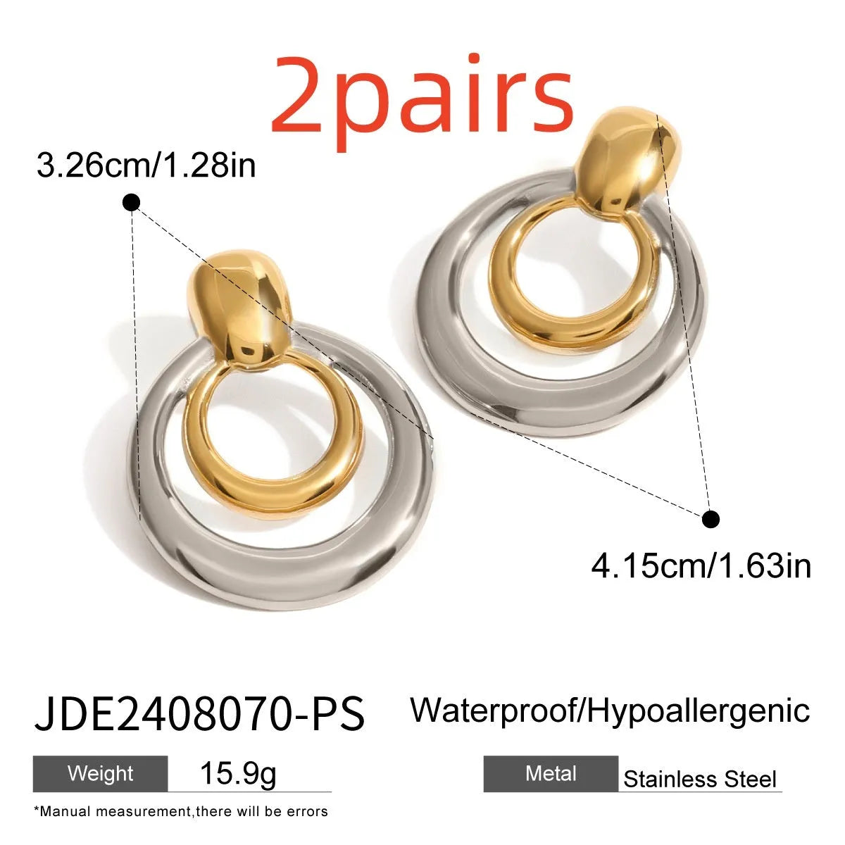 Gold tone geometric round stud earrings with hollow double-layer design on titanium steel backing