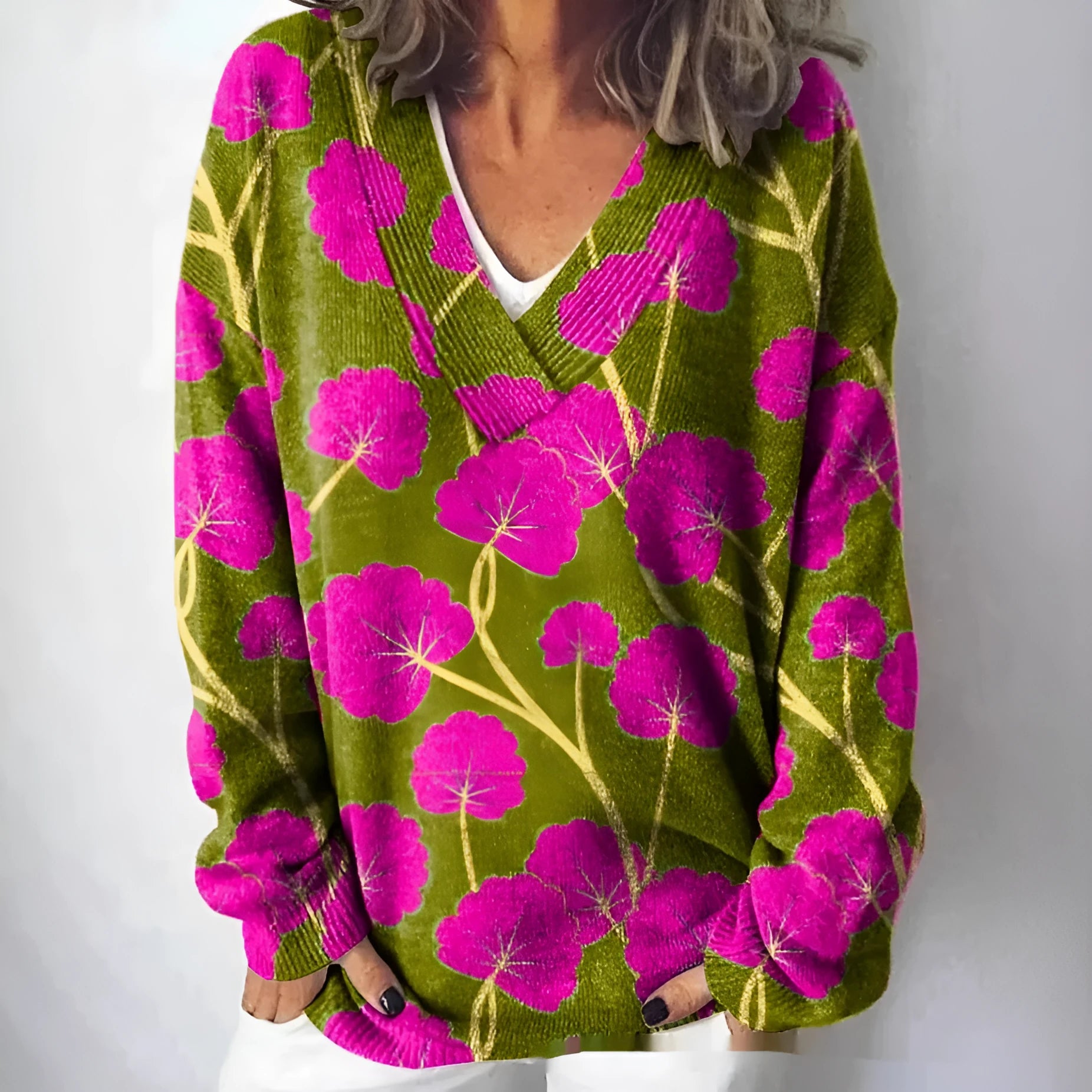 Women's V-neck long sleeve sweatshirt with a detailed 3D floral print pattern.