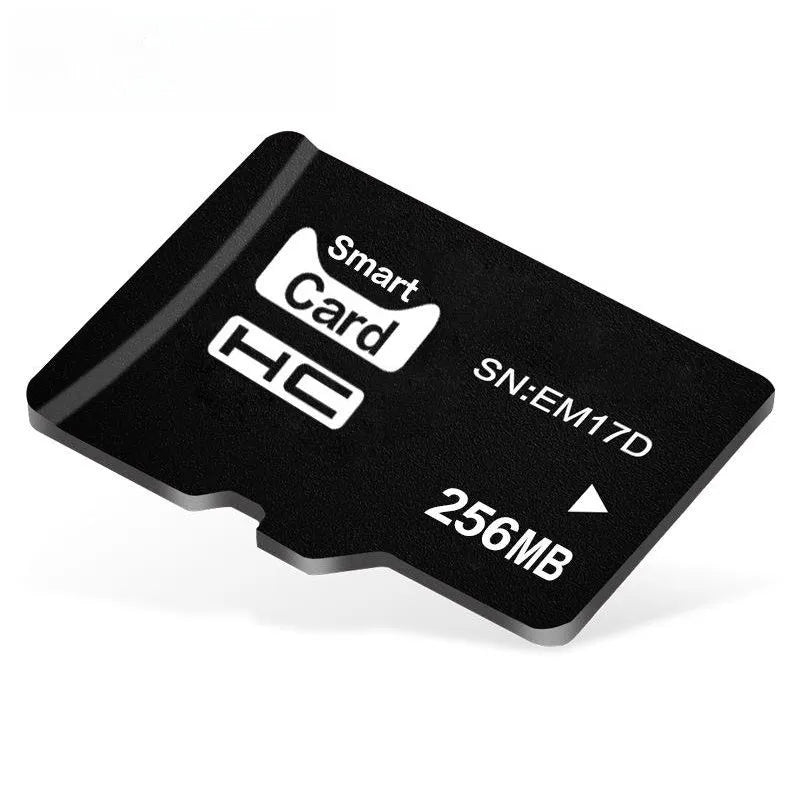256MB TF memory card with packaging, shown next to compatible devices like an MP3 player and camera.