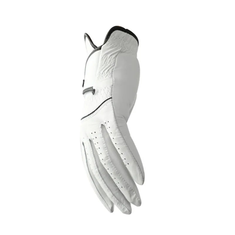 Men's white half sheepskin golf glove showing non-slip palm and breathable construction