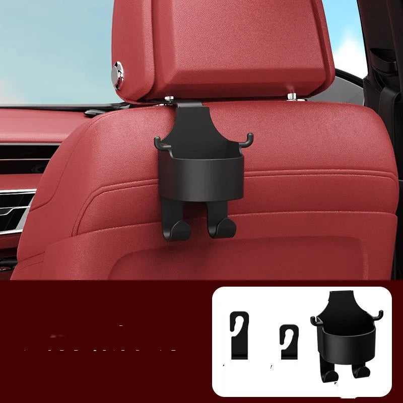 Black plastic car seat back organiser with a cup holder and hook attachments.