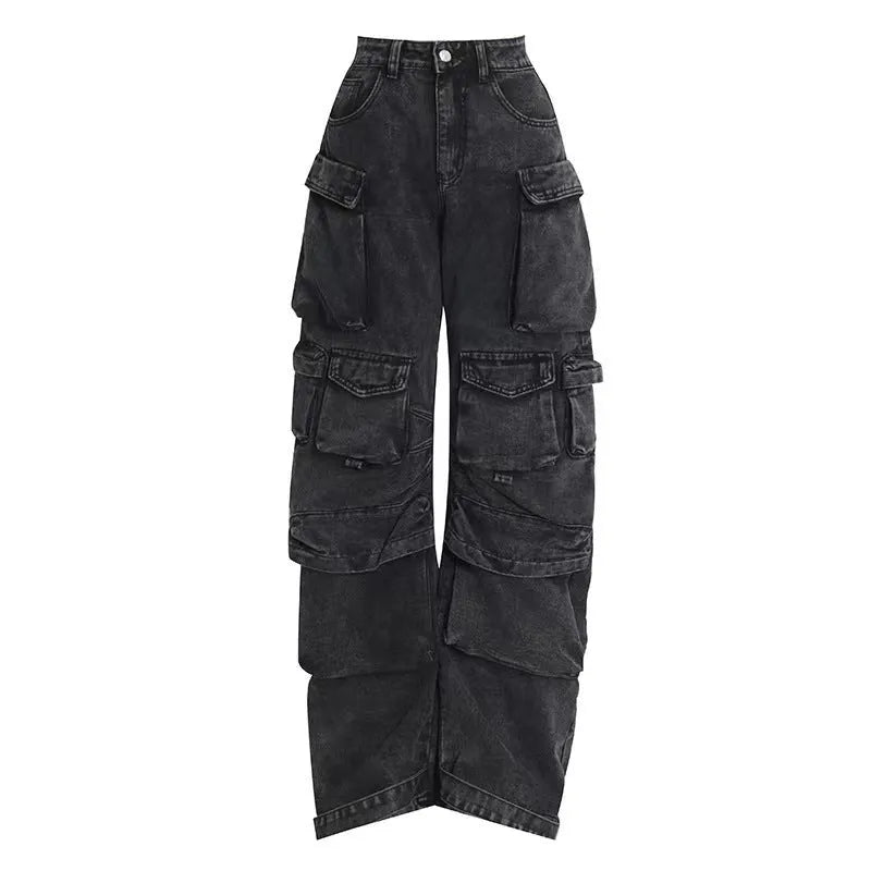 Women's blue tie-dyed high waist wide leg trousers with multiple pockets and street hipster styling