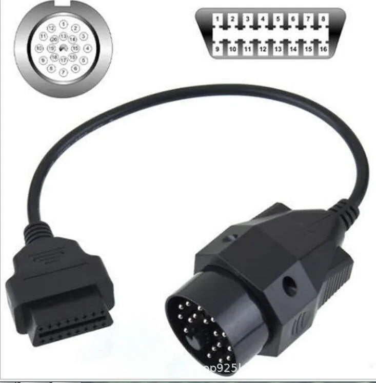 BMW OBD2 diagnostic adapter cable showing 20-pin connector and standard 16-pin OBD2 connector