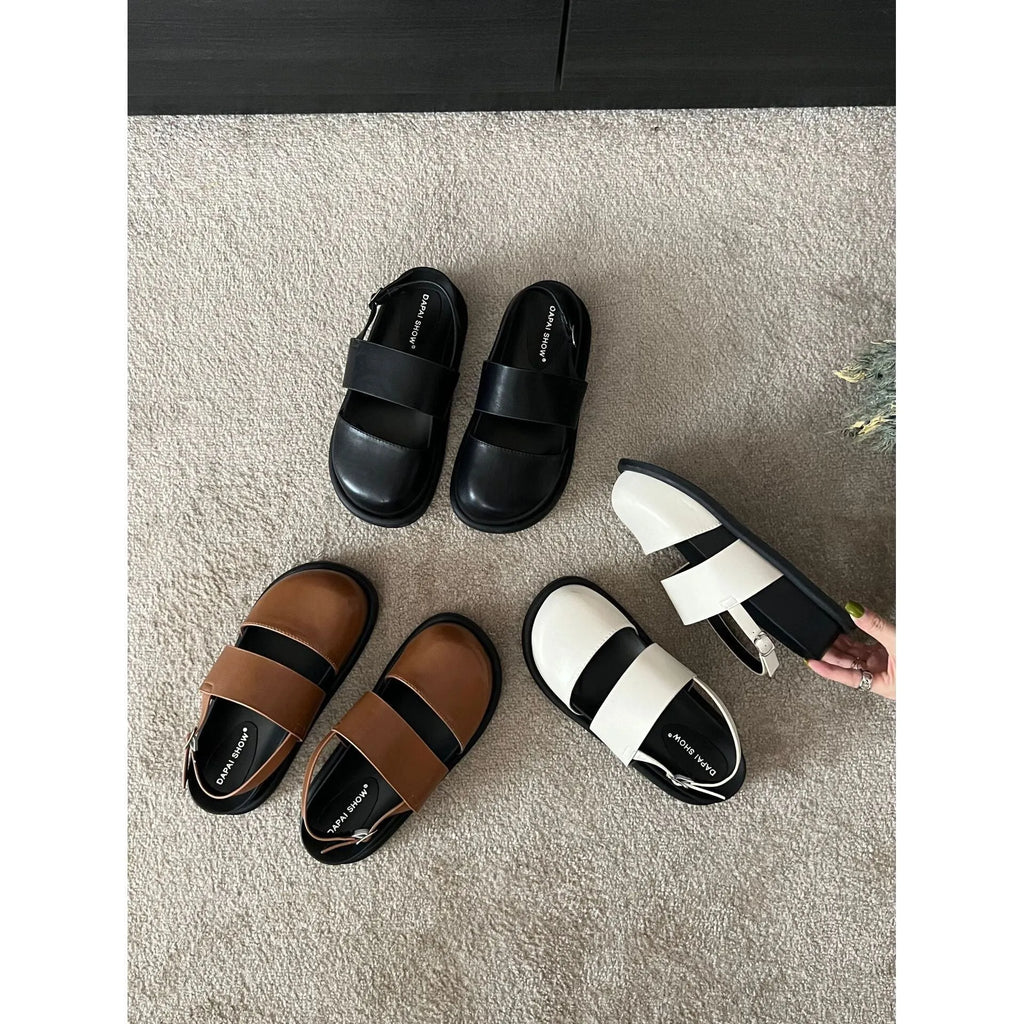 Retro women's closed toe sandals with ankle strap buckle in apricot colour