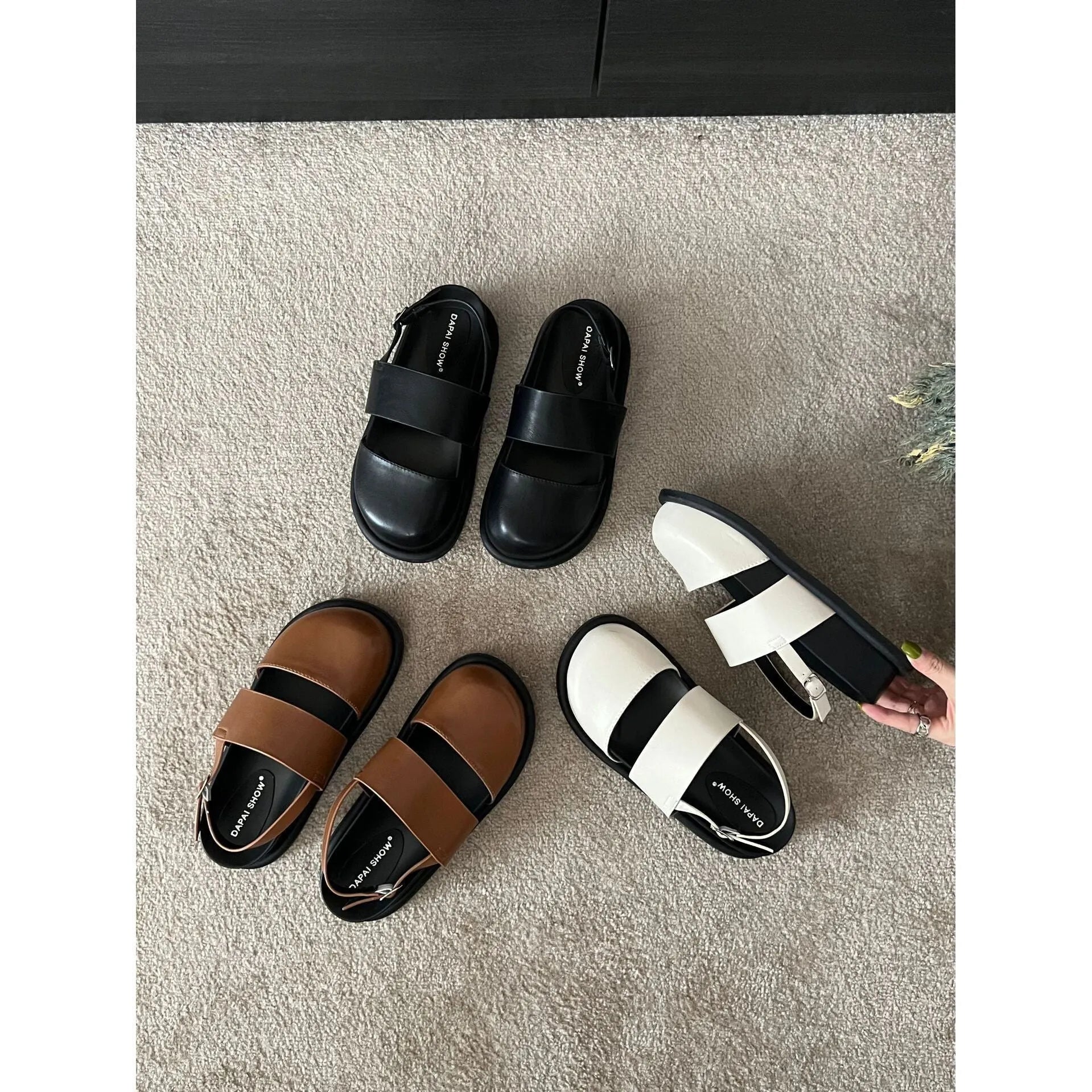 Retro women's closed toe sandals with ankle strap buckle in apricot colour