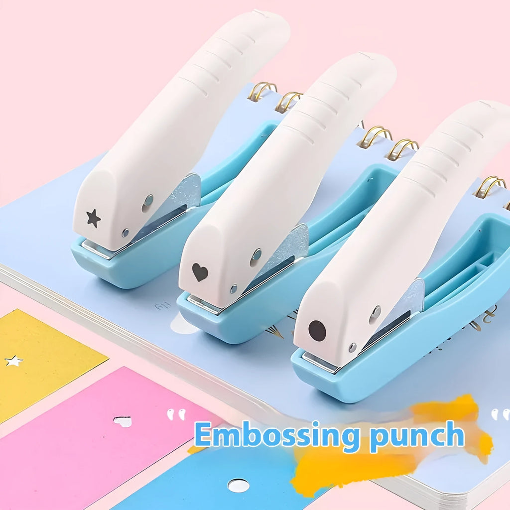 Small manual hand punch for embossing love, star, 4mm and 6mm round shapes on paper.