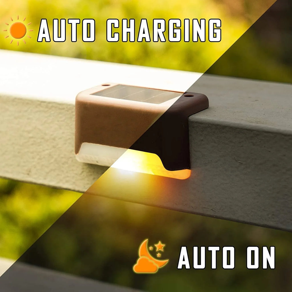 Outdoor solar LED guide light in brown for garden stairs and deck steps, warm light, pack of 4