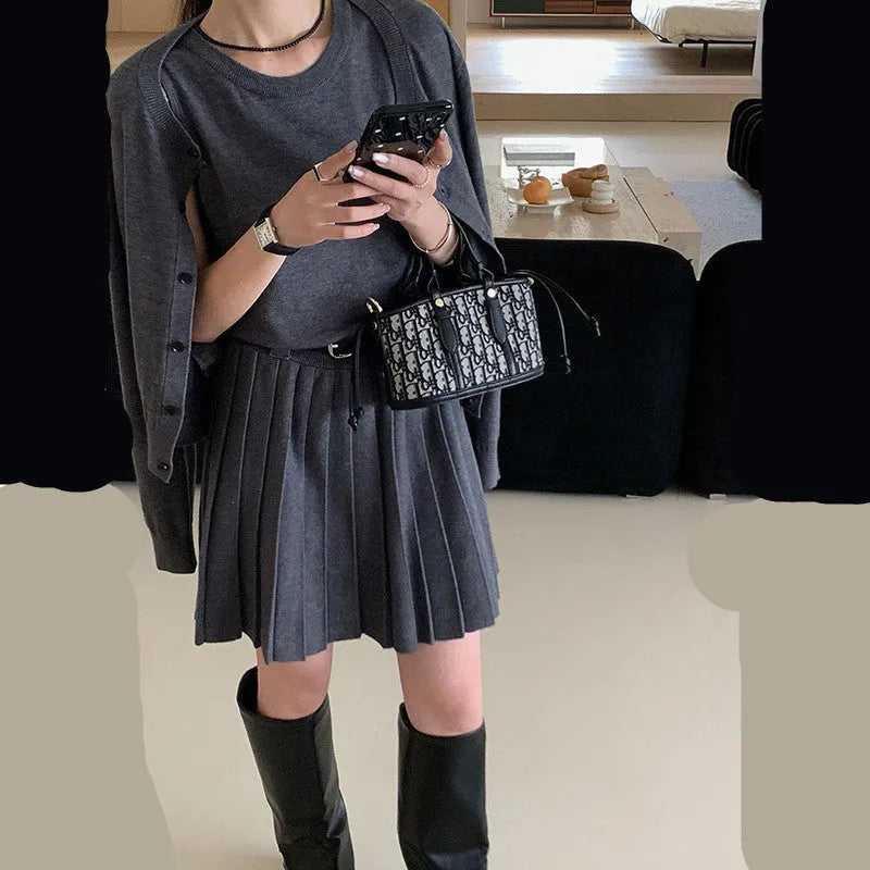 Grey national style women's two-piece set with pleated vest skirt and long-sleeved cardigan