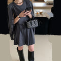 Grey national style women's two-piece set with pleated vest skirt and long-sleeved cardigan