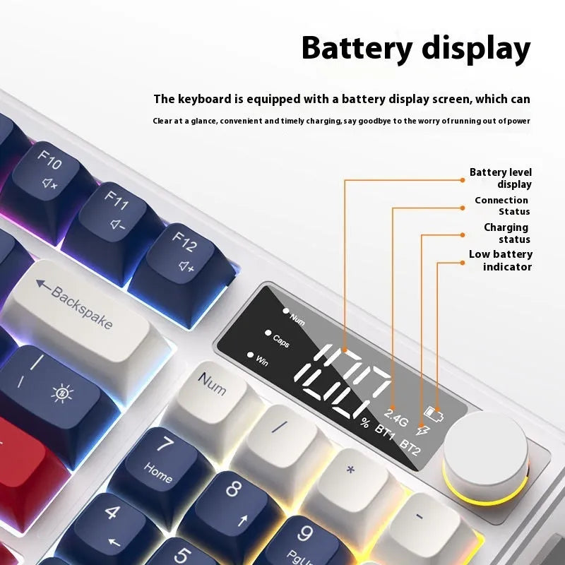 Blue and white wireless mechanical-feel keyboard and mouse set on a wooden desk