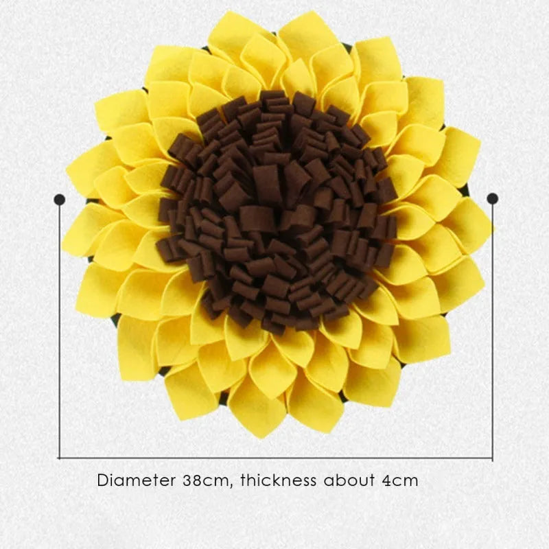 Yellow sunflower-shaped dog snuffle mat with fabric layers for hiding treats during nosework training