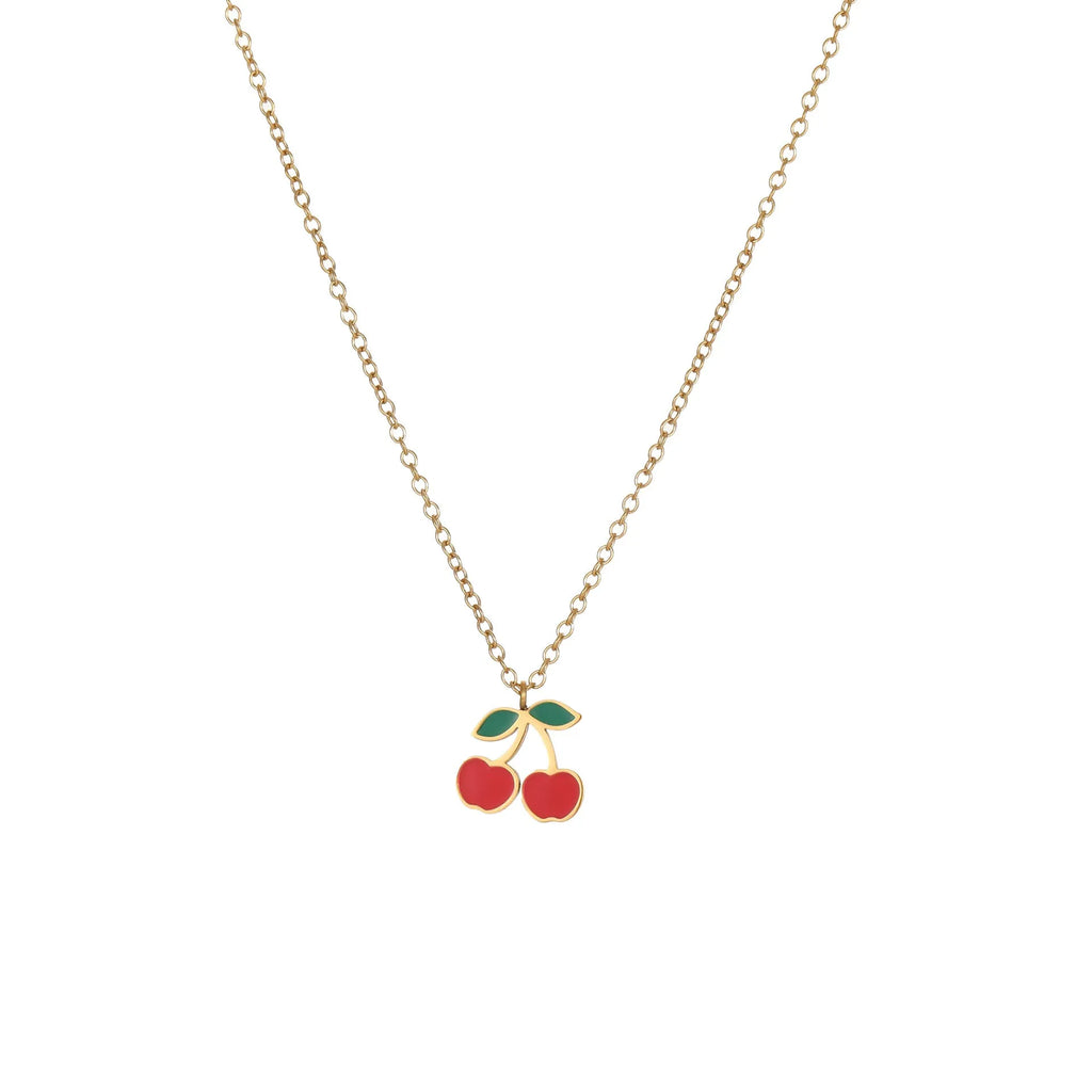Complete cherry jewellery set showing stainless steel necklace, bracelet, earrings, and ring pieces with electroplated colour finishes