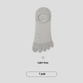 Men's grey five-finger invisible socks laid flat, showing individual toe separations and low-cut design.