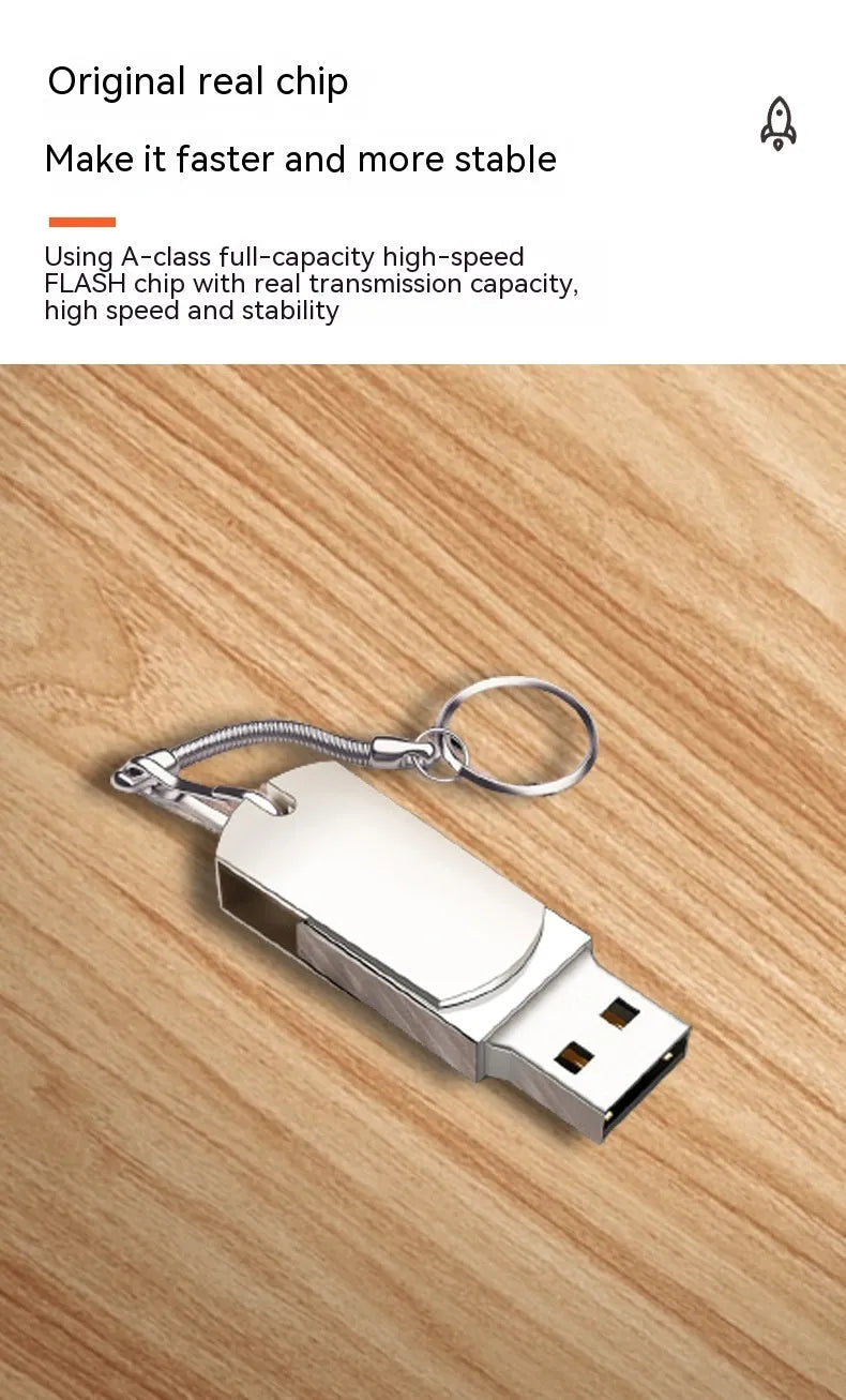 Small white metal USB flash drive with a swivelling silver cap showing connector.