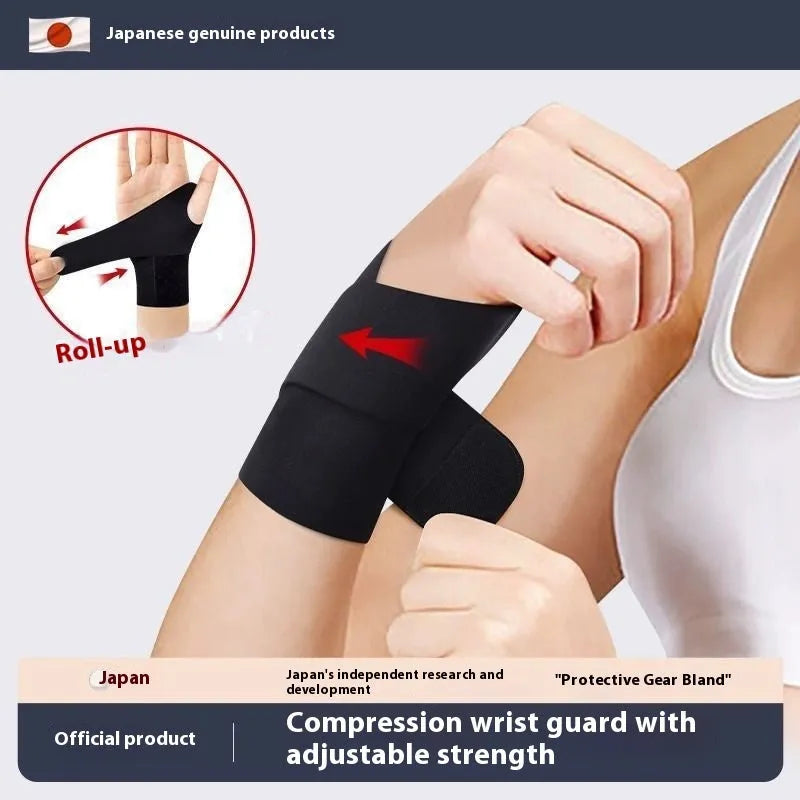Black adjustable athletic wristguard shown on a wrist, suitable for badminton, tennis, and volleyball.