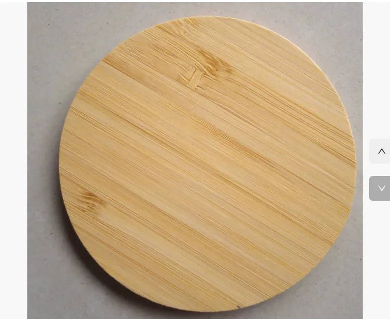 Square wooden bamboo wireless charging pad showing 92mm dimensions with Qi charging indicator light