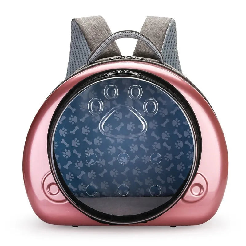 Transparent space capsule design cat carrier backpack with mesh panels in a metallic colour