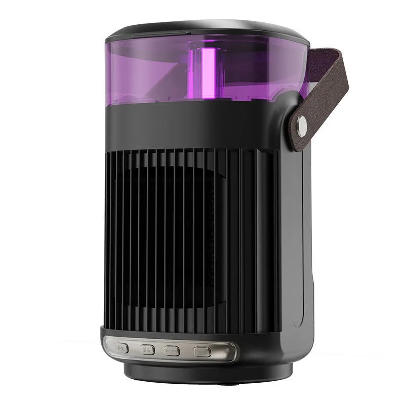 Black portable PTC heater with humidifier, showing front control panel, dimensions 24x13x13cm.