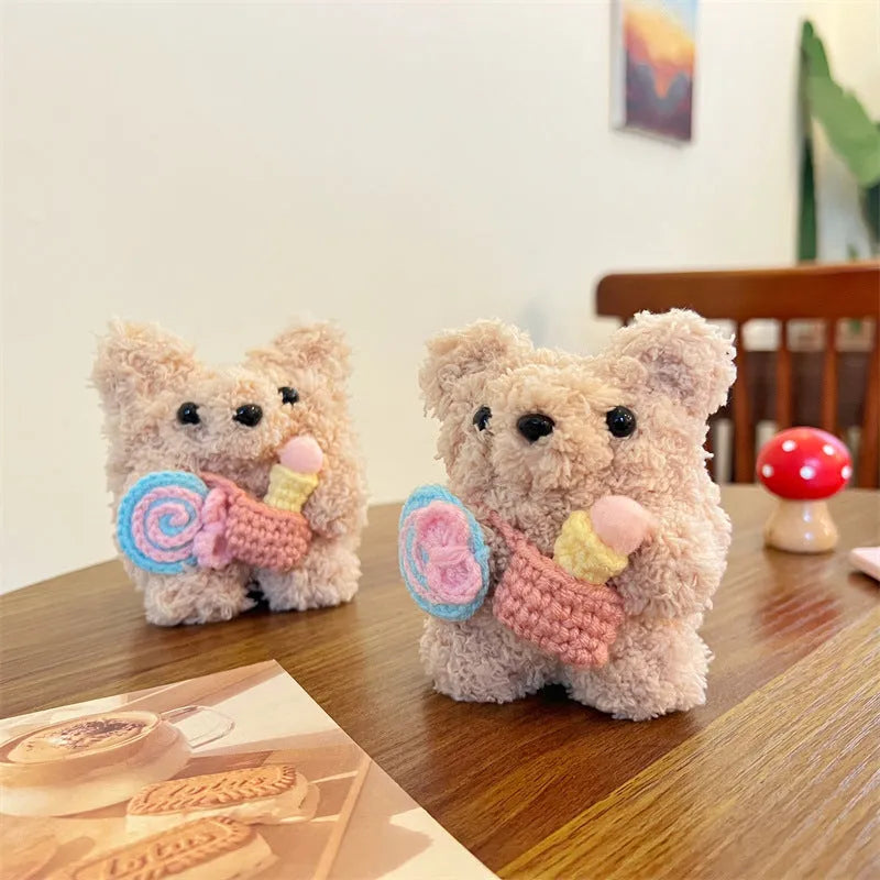 Cute lollipop ice cream bear plush earphone sleeve for Apple AirPods, velvet hand-woven soft shell case, lollipop sherbet colour