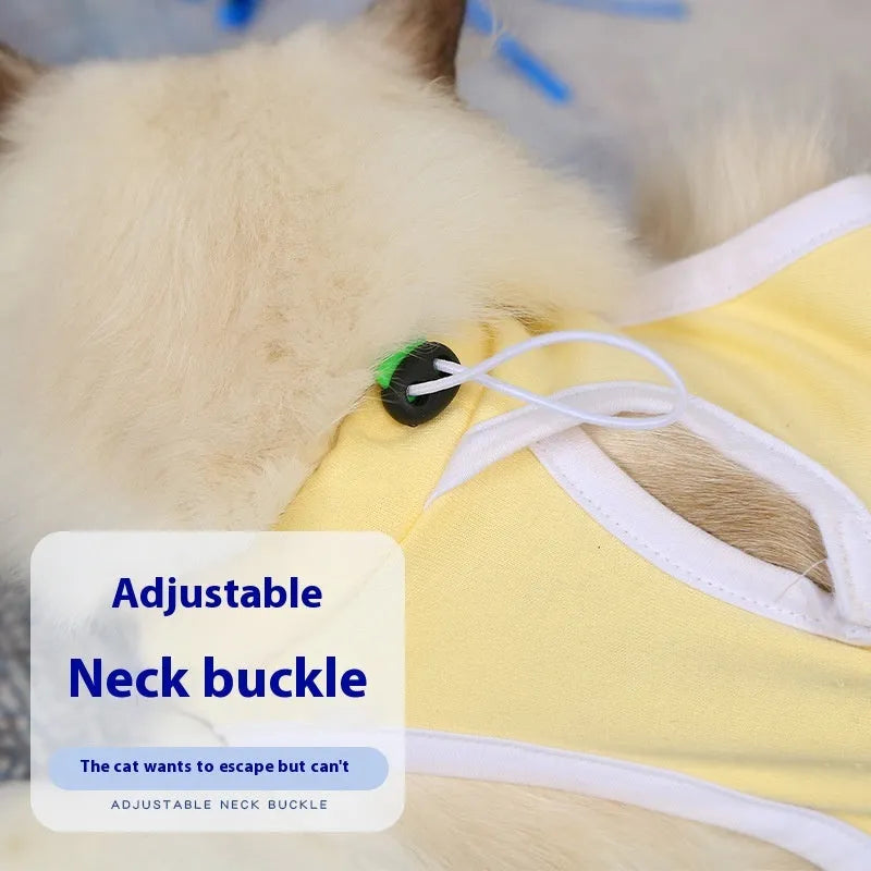 Blue pet sterilization suit with adjustable scarf on a cat, cotton anti-licking clothing for post-surgery recovery.