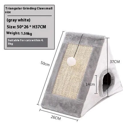 Triangular cat scratching post with sisal surfaces and soft plate fur bed in grey and white colour