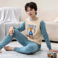 Cotton children's pyjama set top and trousers, blue screen cat pattern, suitable for boys and teens 130-177cm
