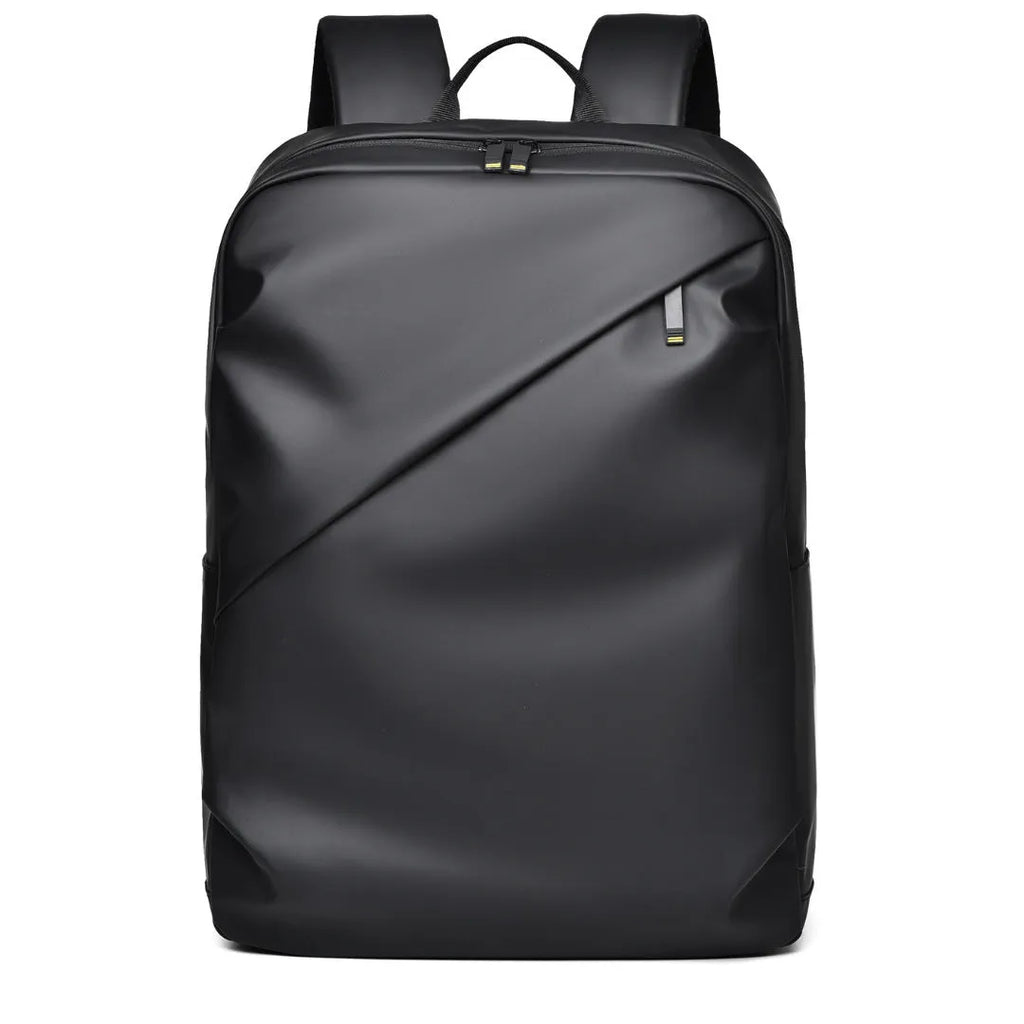 Large black waterproof PU leather backpack with sewing thread detailing