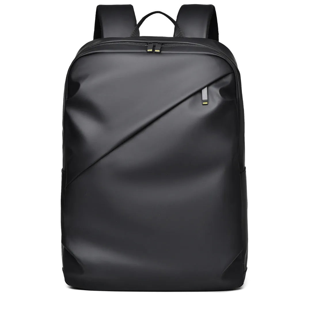 Large black waterproof PU leather backpack with sewing thread detailing