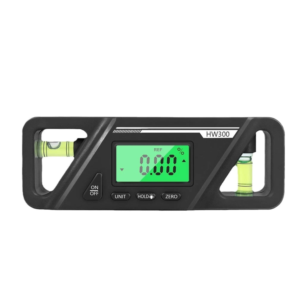 Black digital inclinometer level meter with magnetic base and LCD display showing an angle reading.