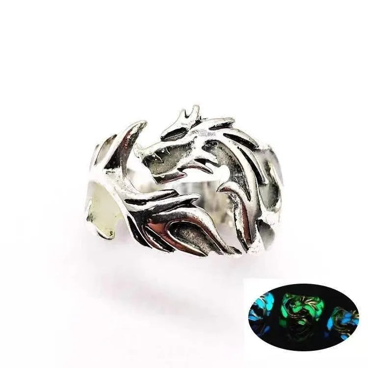 Chinese style luminous dragon pattern adjustable ring in antique silver blue and green.