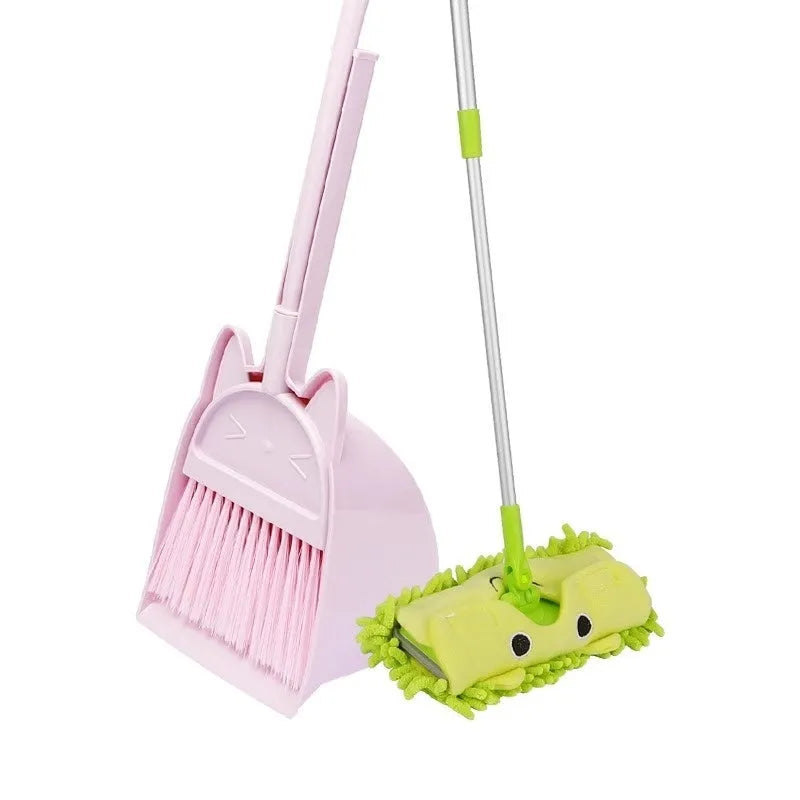 Green plastic broom and dustpan set showing the broom's rotating head and long bristles.