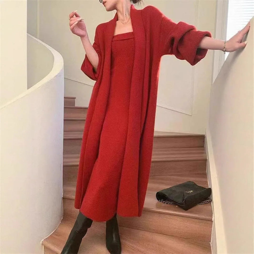 Women's grey knitted cardigan dress sweater suit with long skirt and flocking detail