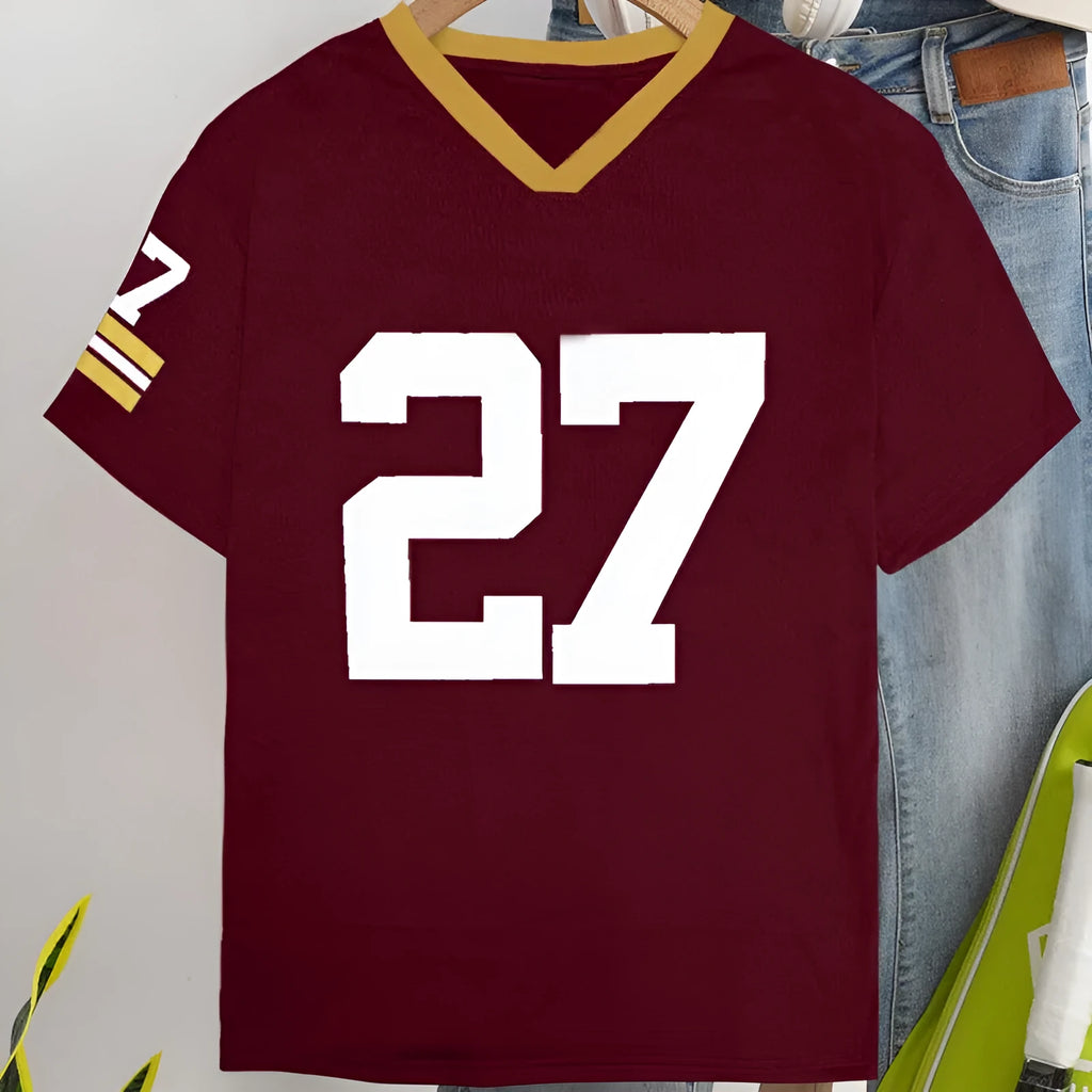 Red and green loose fit cotton T-shirt with digital printed letter pattern